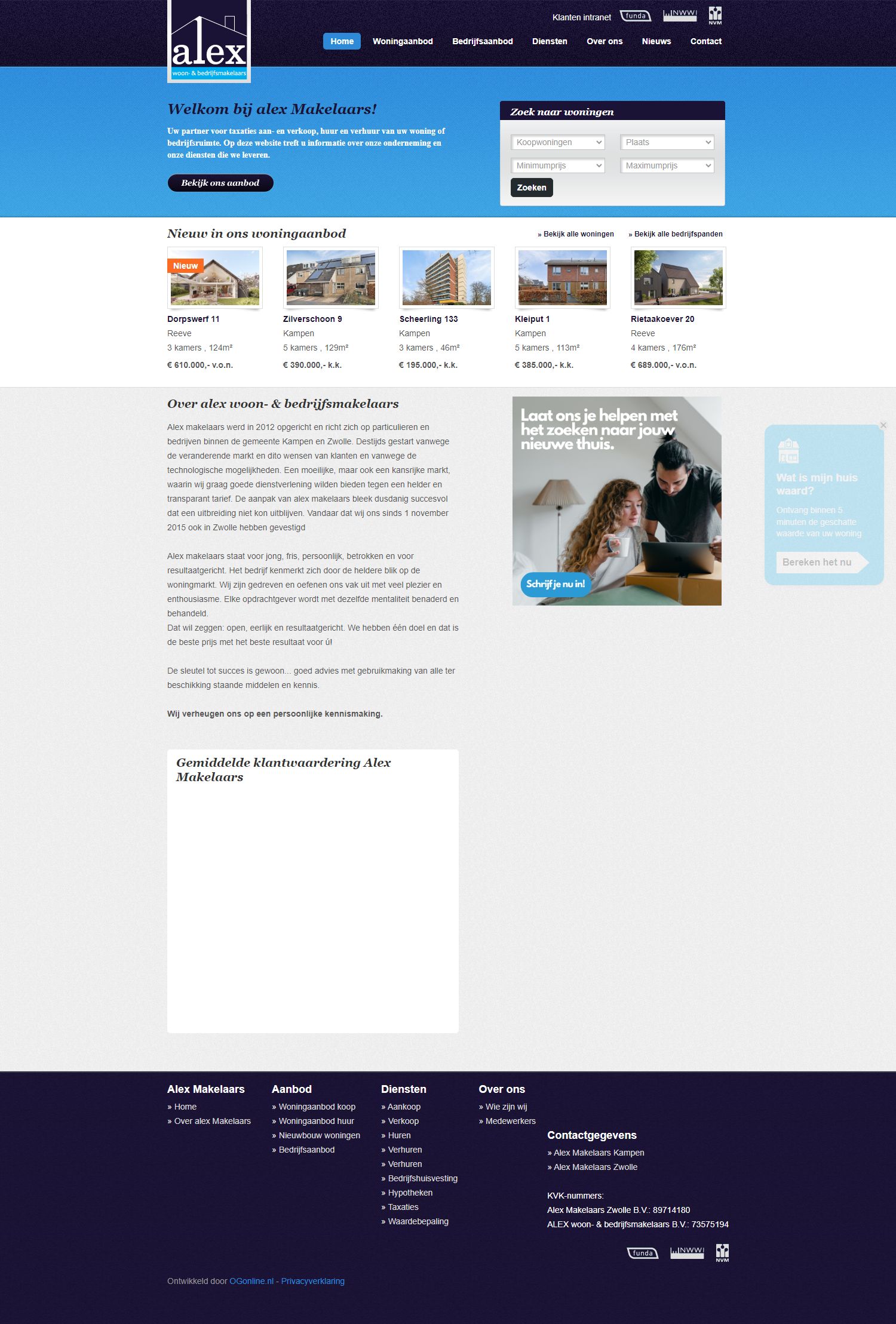 Screenshot van de website van www.alex-makelaars.nl