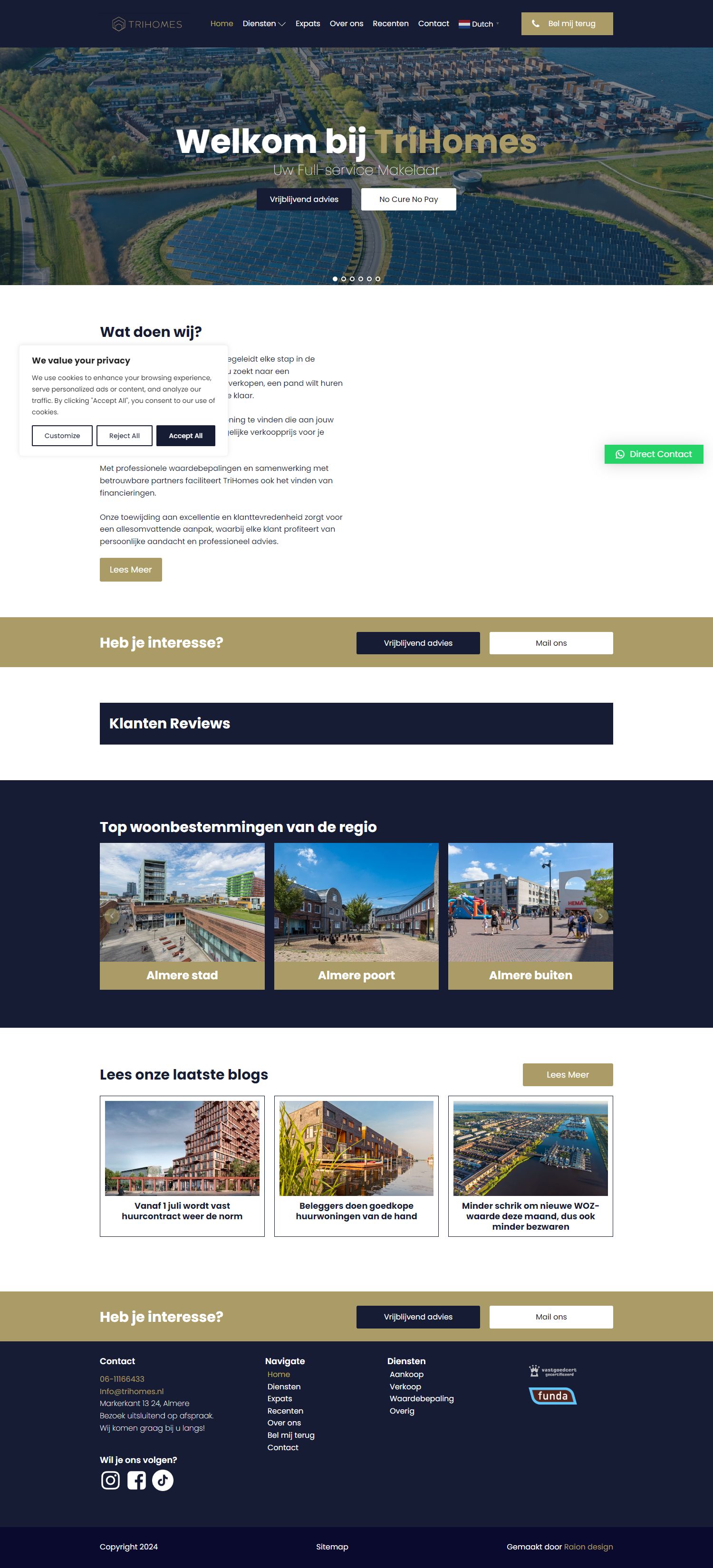 Screenshot van de website van www.trihomes.nl