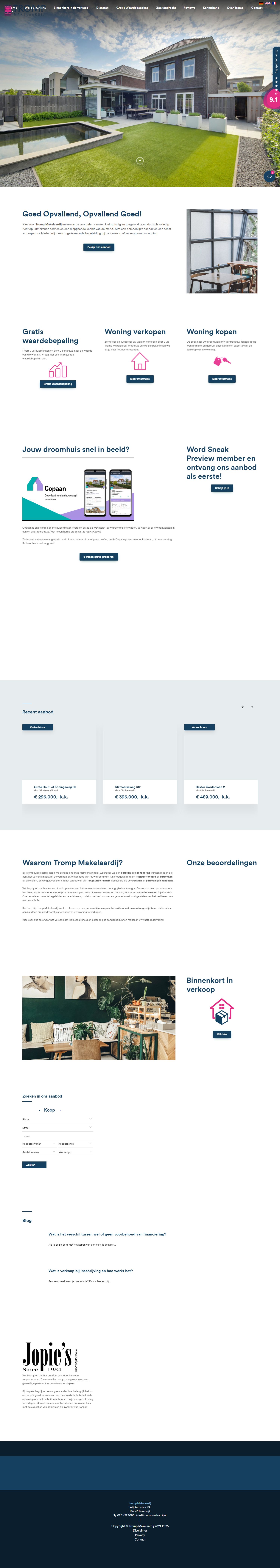Screenshot van de website van www.trompmakelaardij.nl