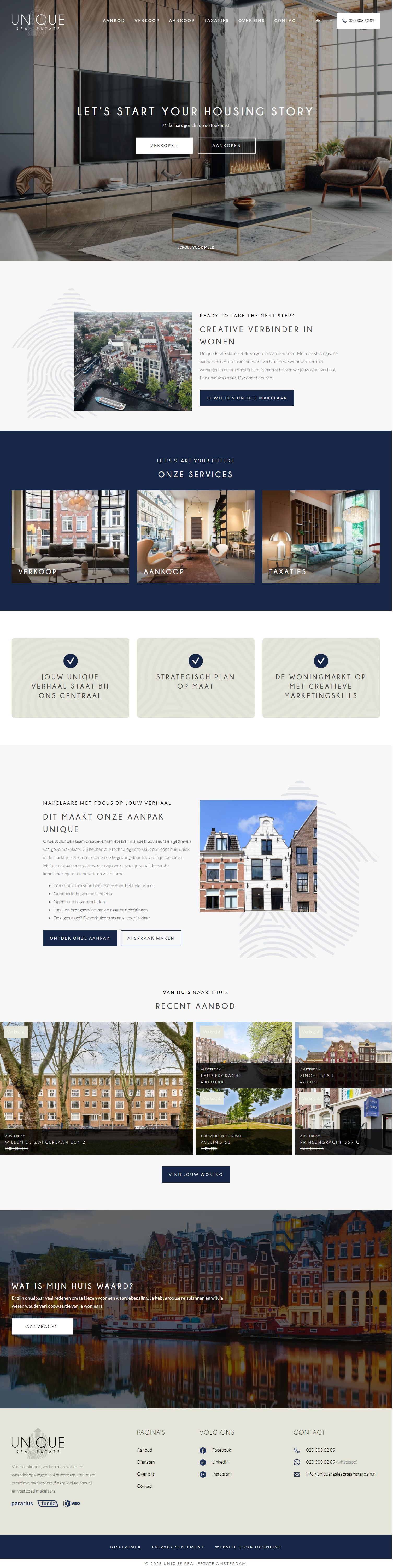 Screenshot van de website van www.uniquerealestateamsterdam.nl