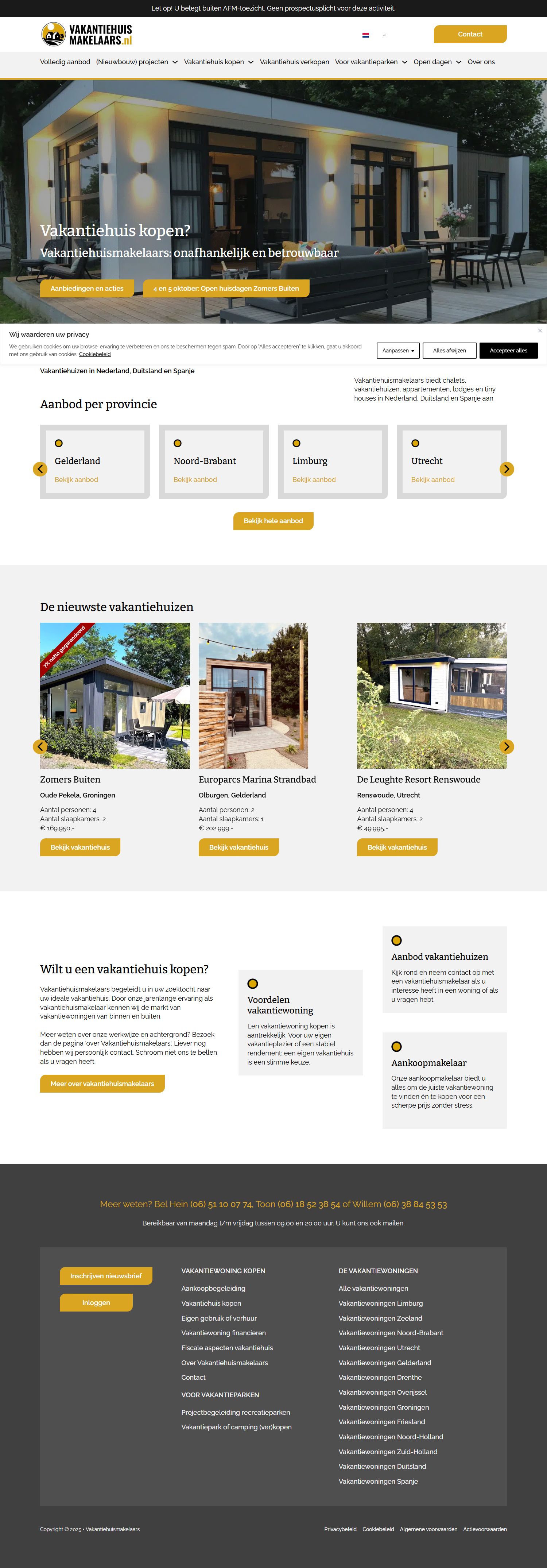 Screenshot van de website van vakantiehuismakelaars.nl