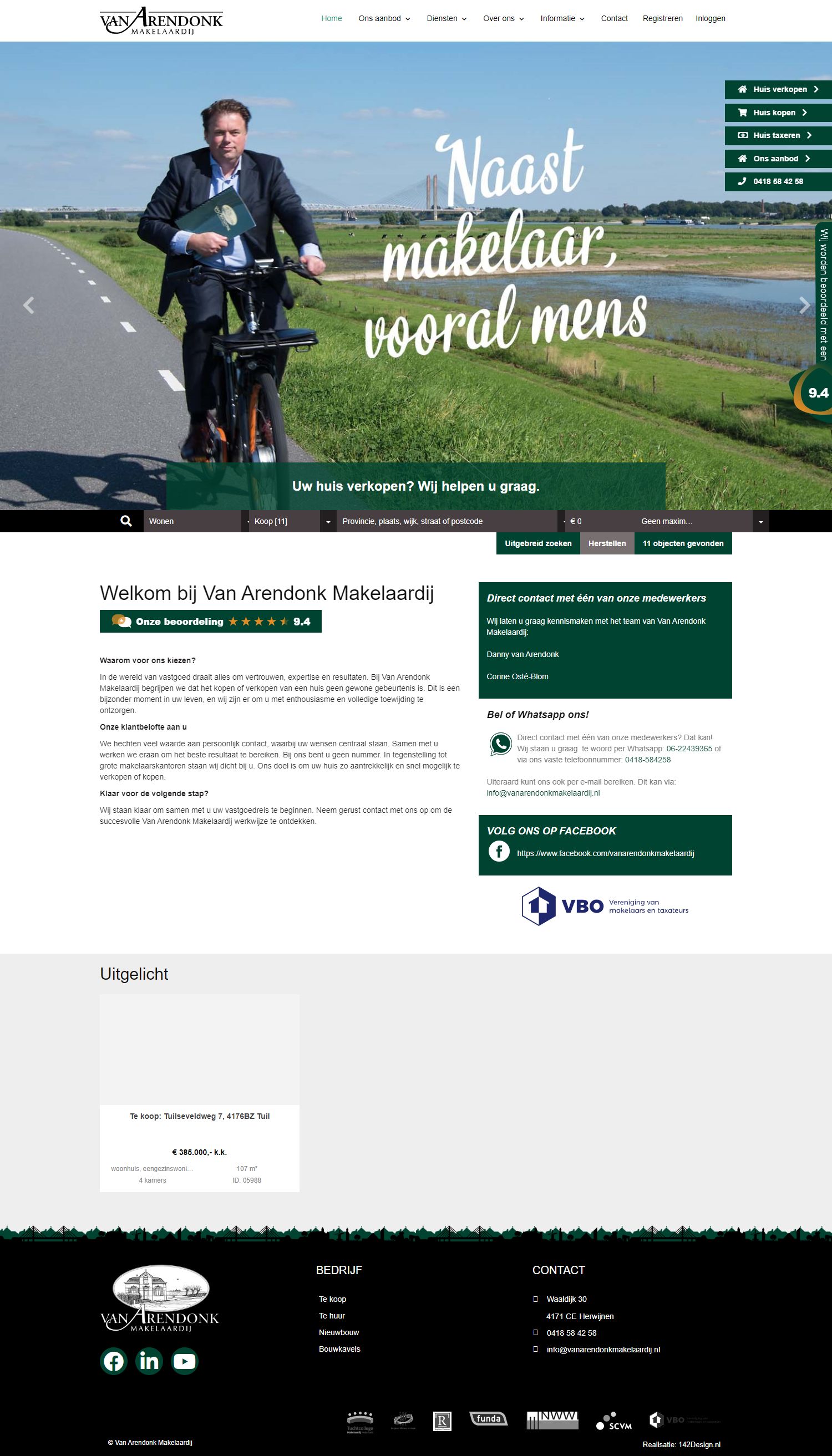 Screenshot van de website van www.vanarendonkmakelaardij.nl