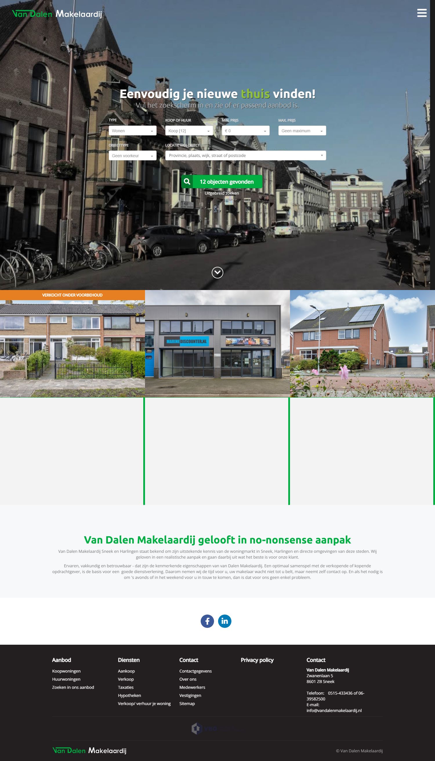 Screenshot van de website van www.vandalenmakelaardij.nl