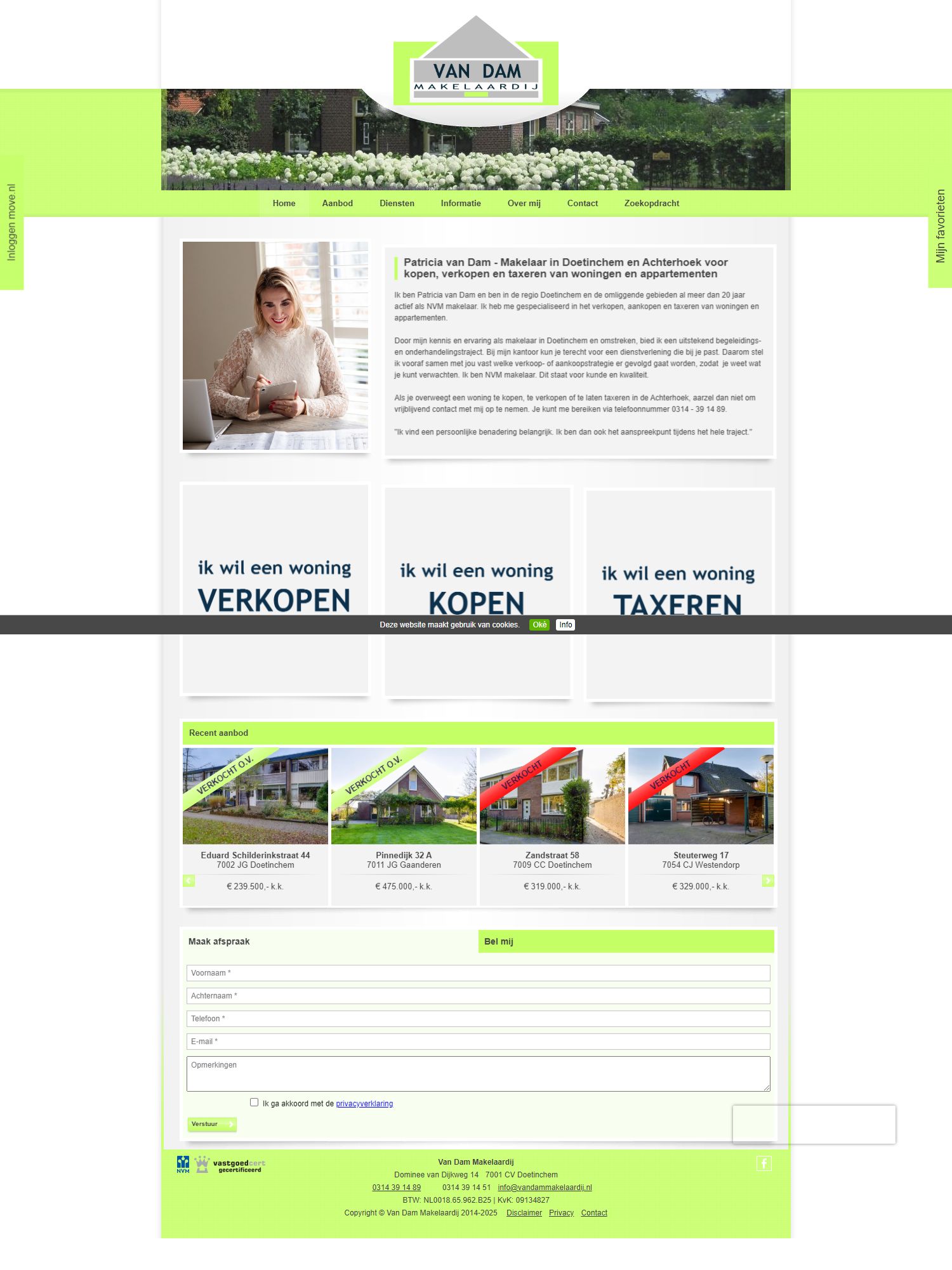 Screenshot van de website van www.vandammakelaardij.nl