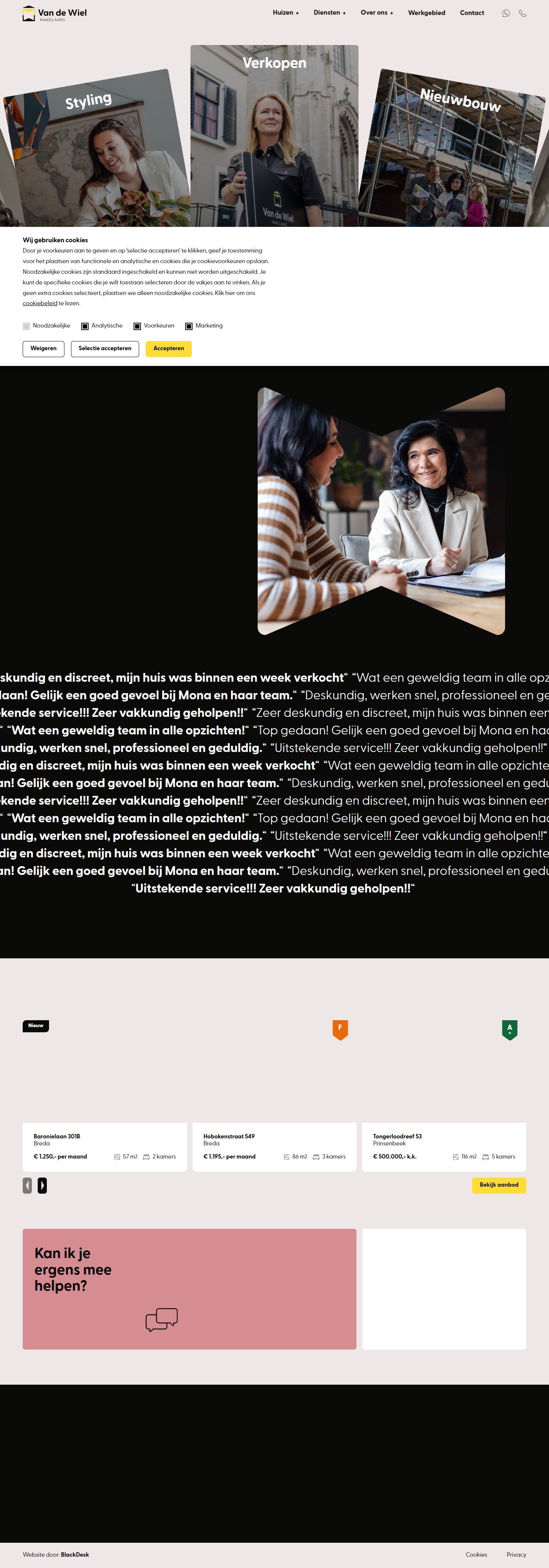 Screenshot van de website van www.vandewielmakelaars.nl