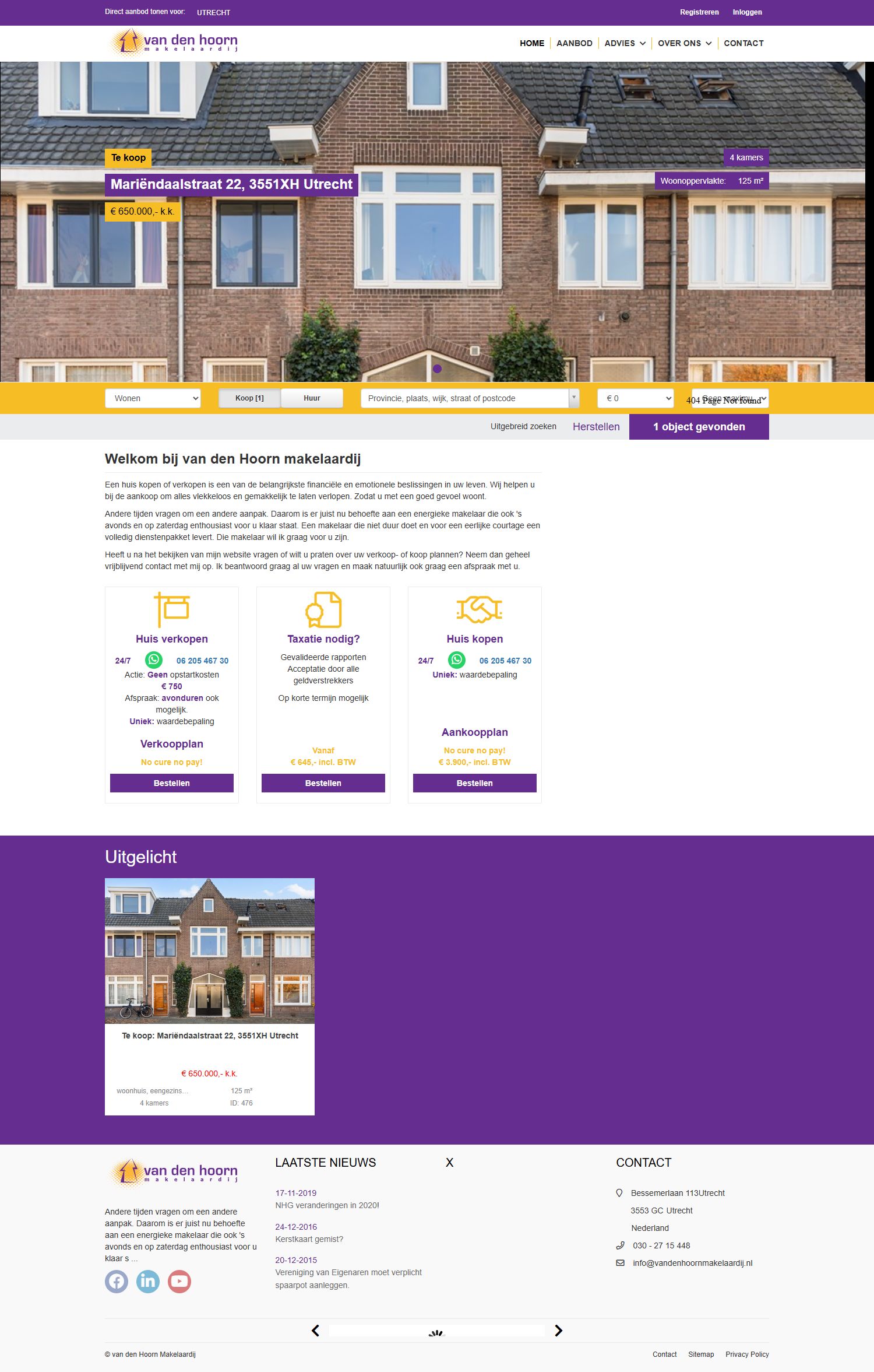 Screenshot of the website of www.vandenhoornmakelaardij.nl