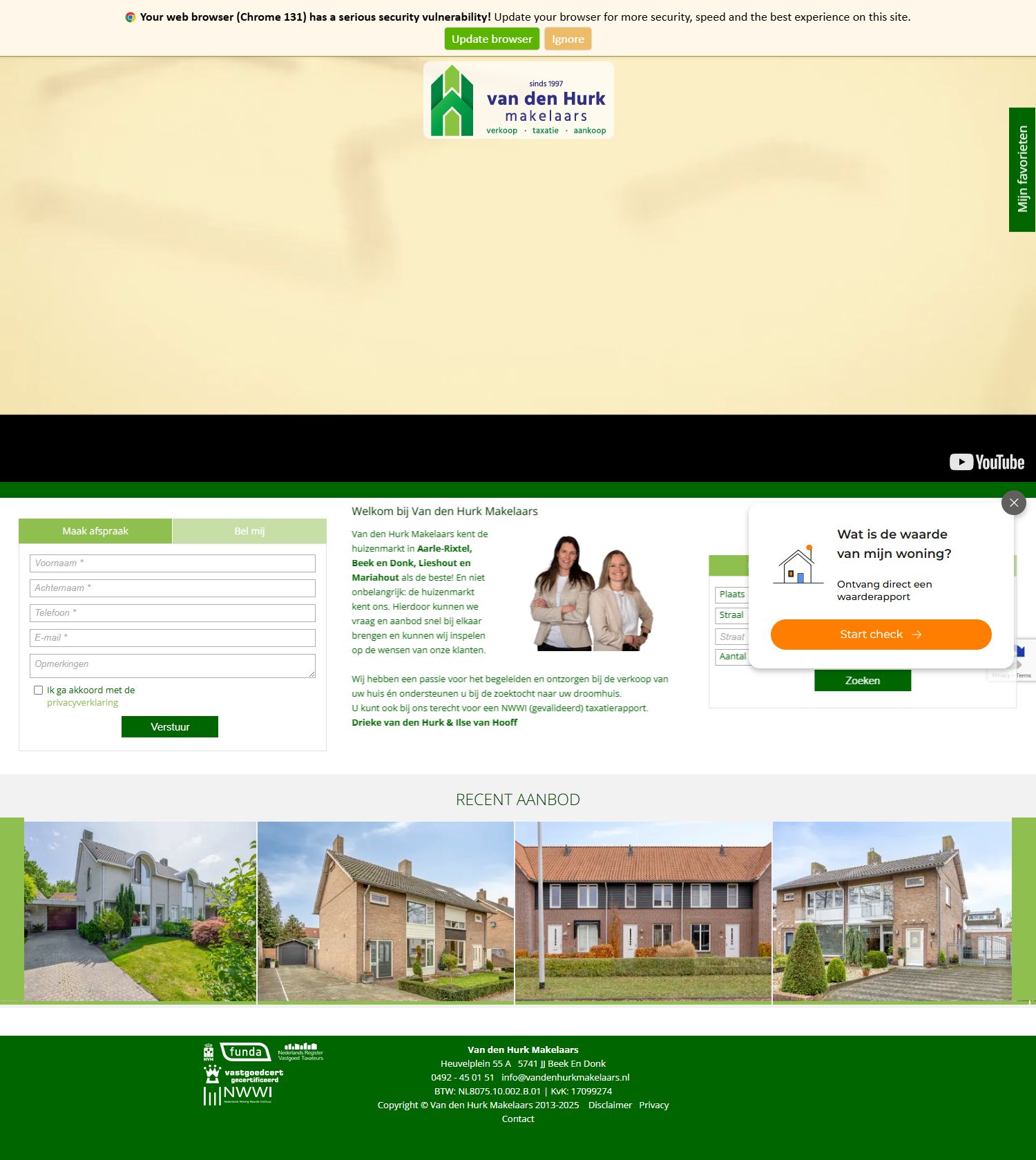 Screenshot van de website van www.vandenhurkmakelaars.nl