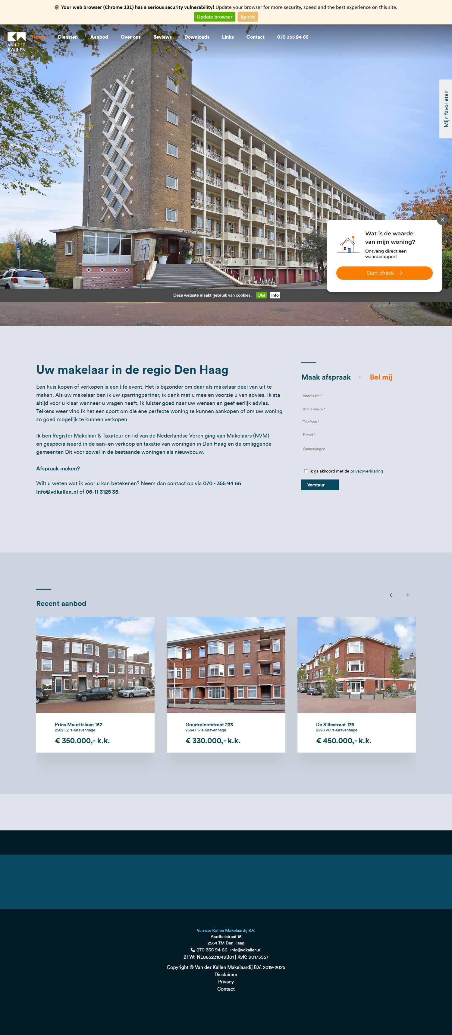 Screenshot van de website van www.vdkallen.nl