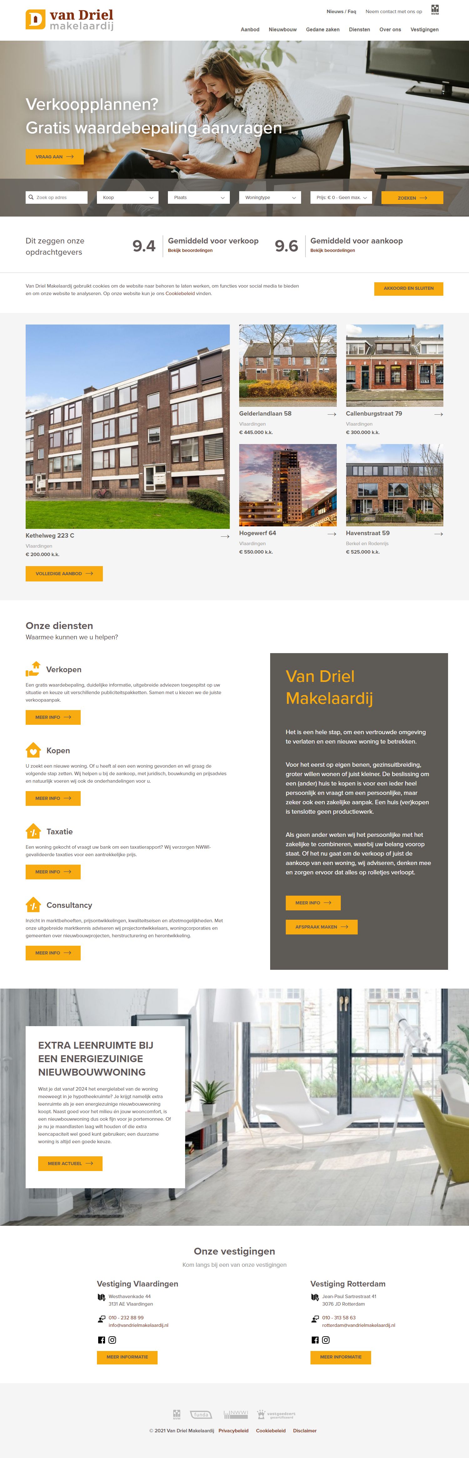 Screenshot van de website van www.vandrielmakelaardij.nl