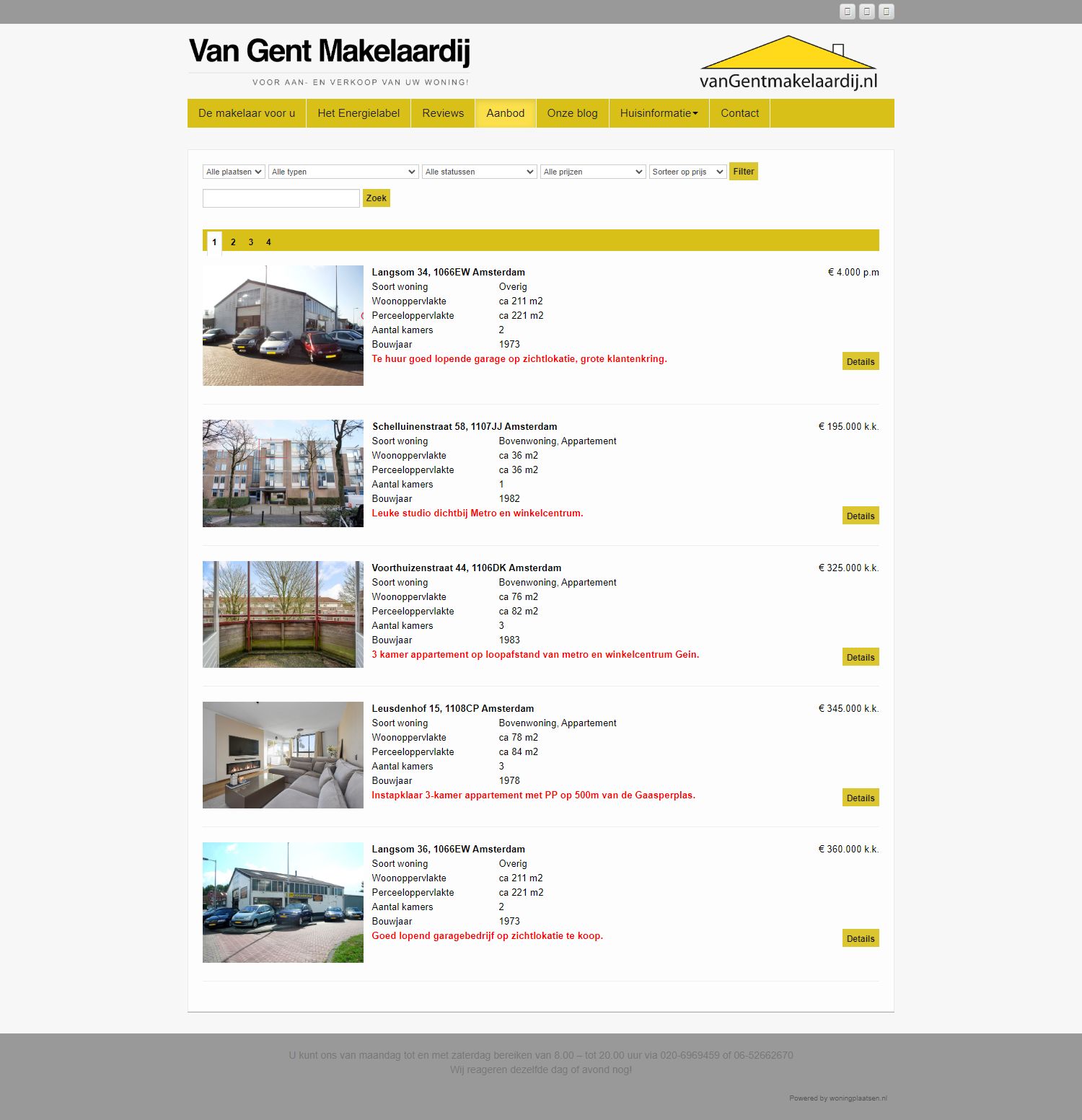 Screenshot van de website van www.vangentmakelaardij.com