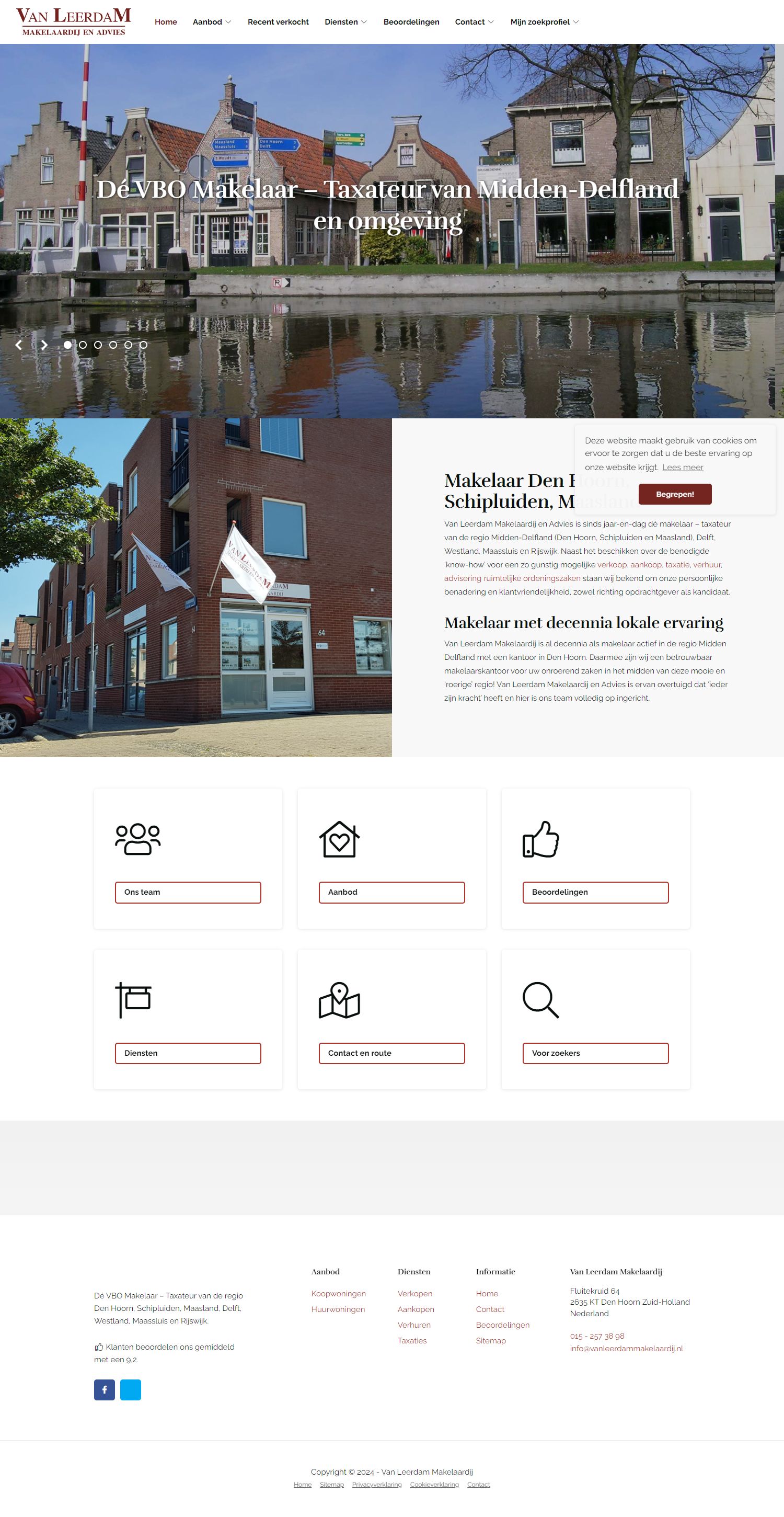 Screenshot van de website van www.vanleerdammakelaardij.nl