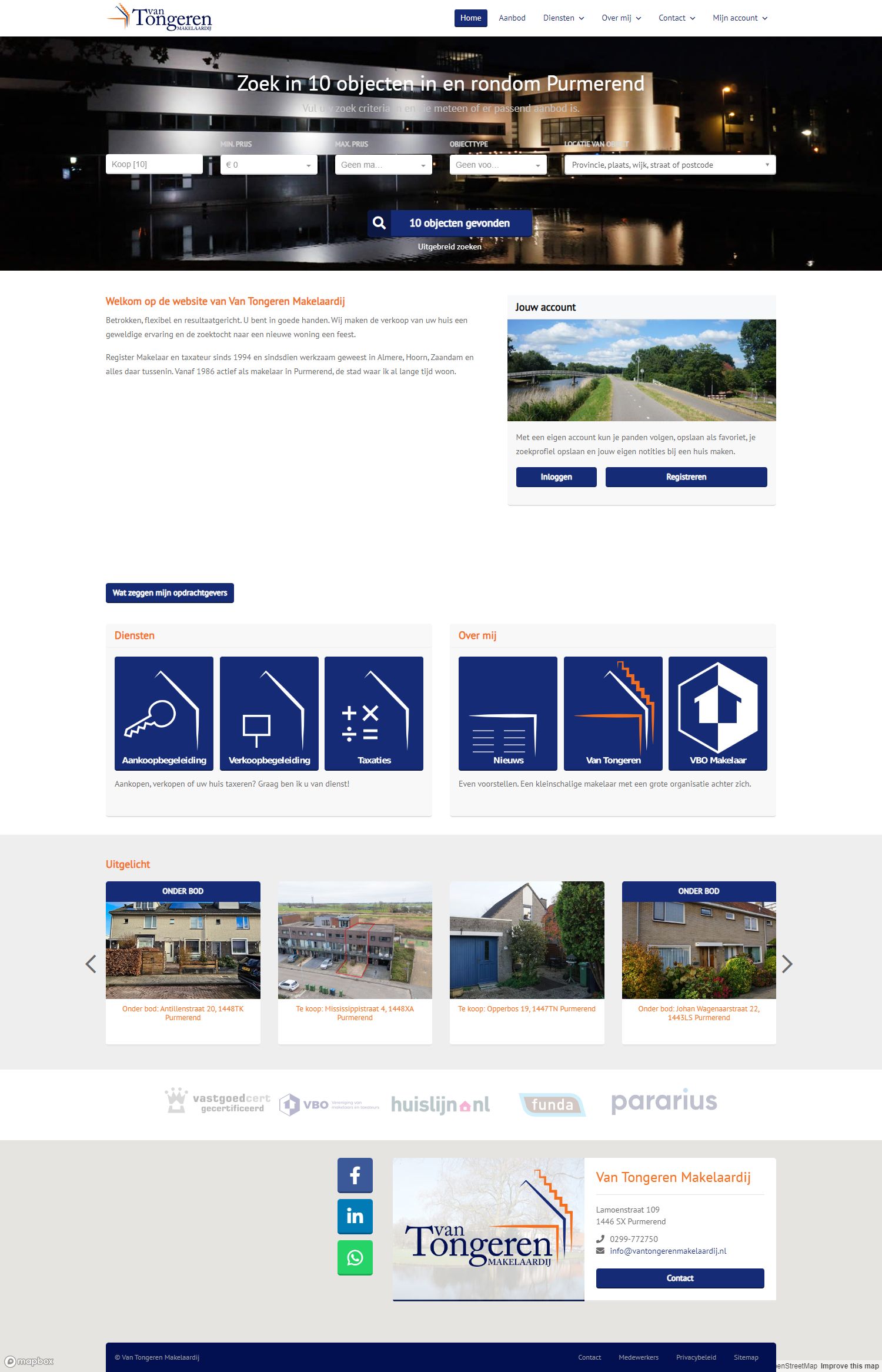 Screenshot van de website van www.vantongerenmakelaardij.nl