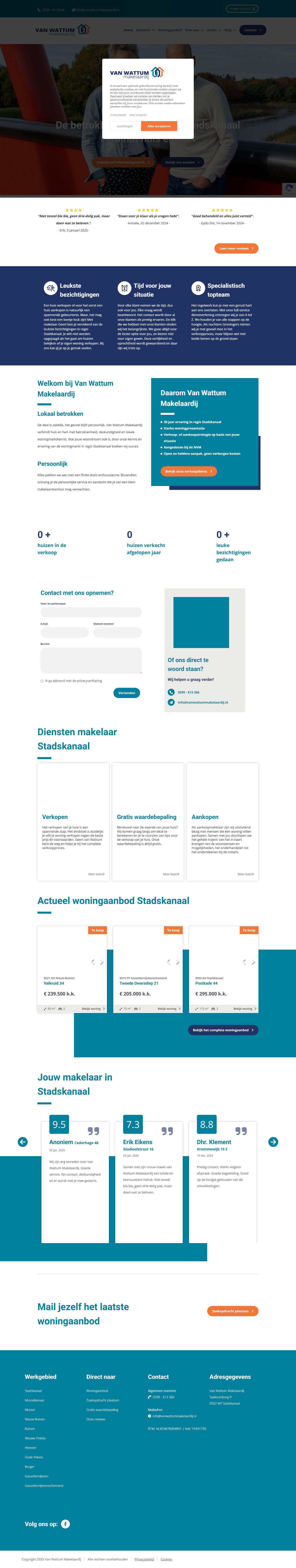 Screenshot van de website van www.vanwattummakelaardij.nl