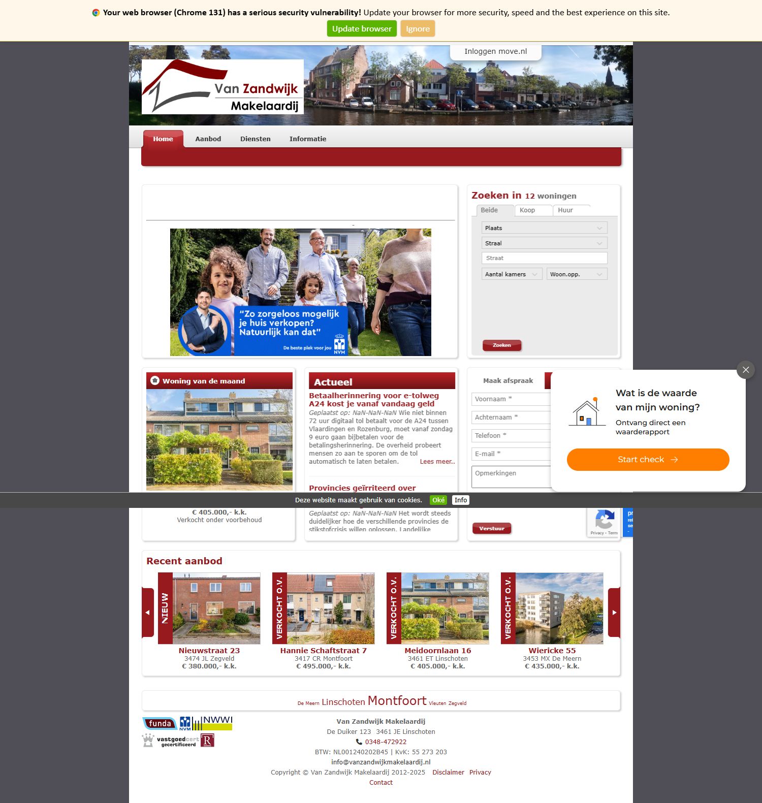 Screenshot of the website of www.vanzandwijkmakelaardij.nl