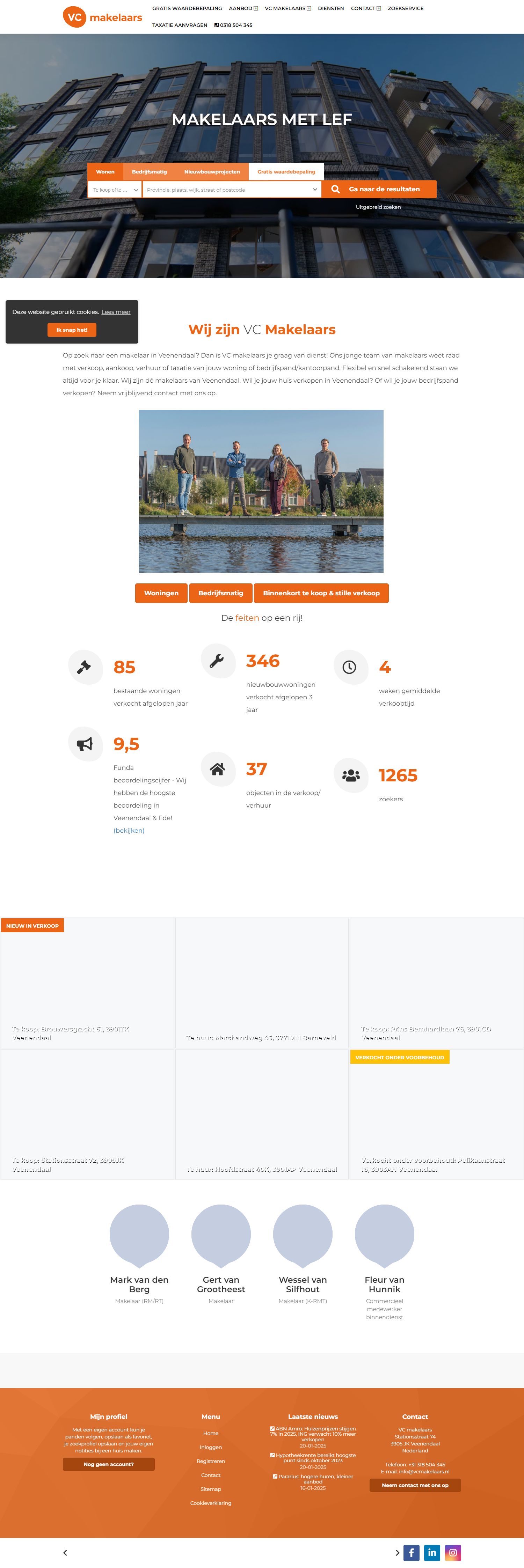 Screenshot van de website van www.vcmakelaars.nl