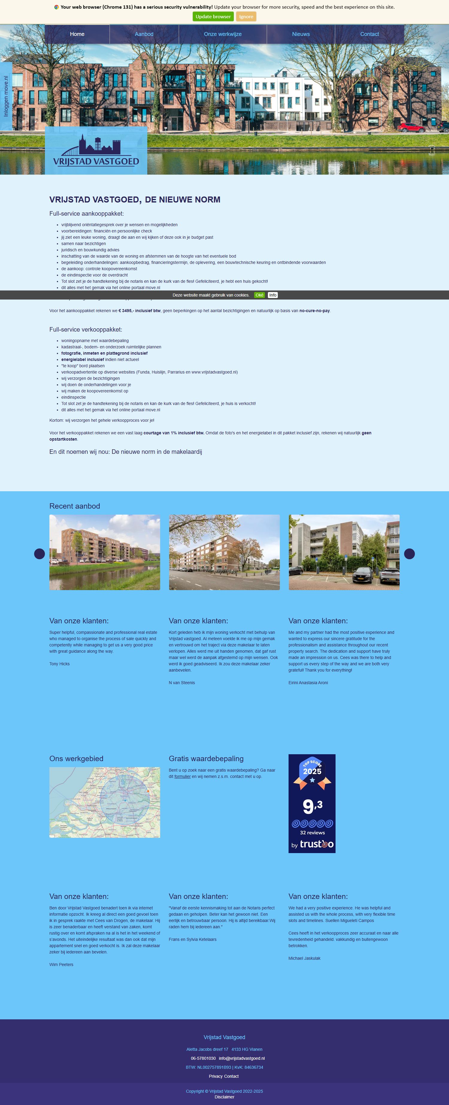 Screenshot of the website of www.vrijstadvastgoed.nl