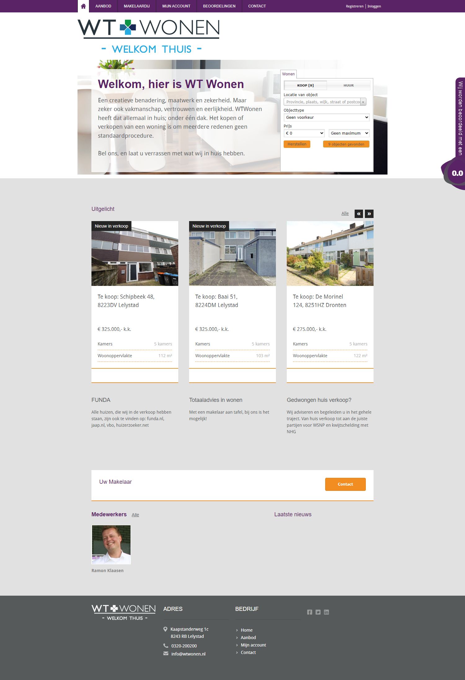 Screenshot van de website van wtwonen.nl
