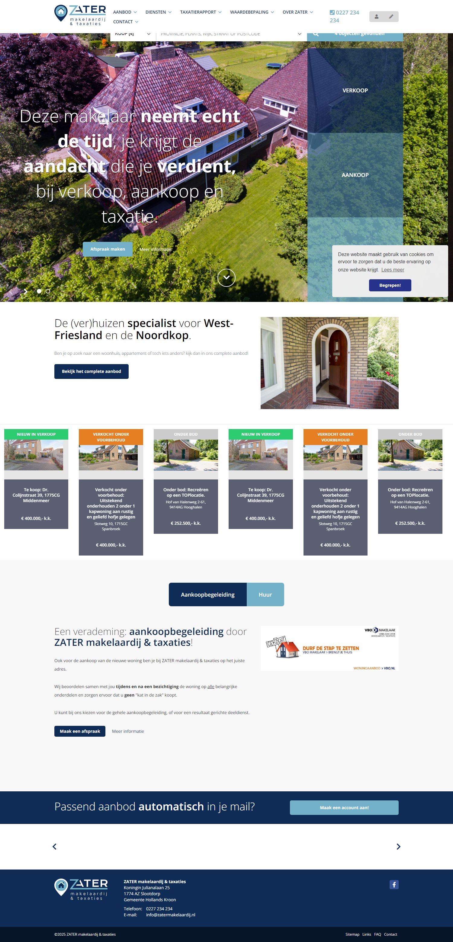 Screenshot van de website van www.zatermakelaardij.nl