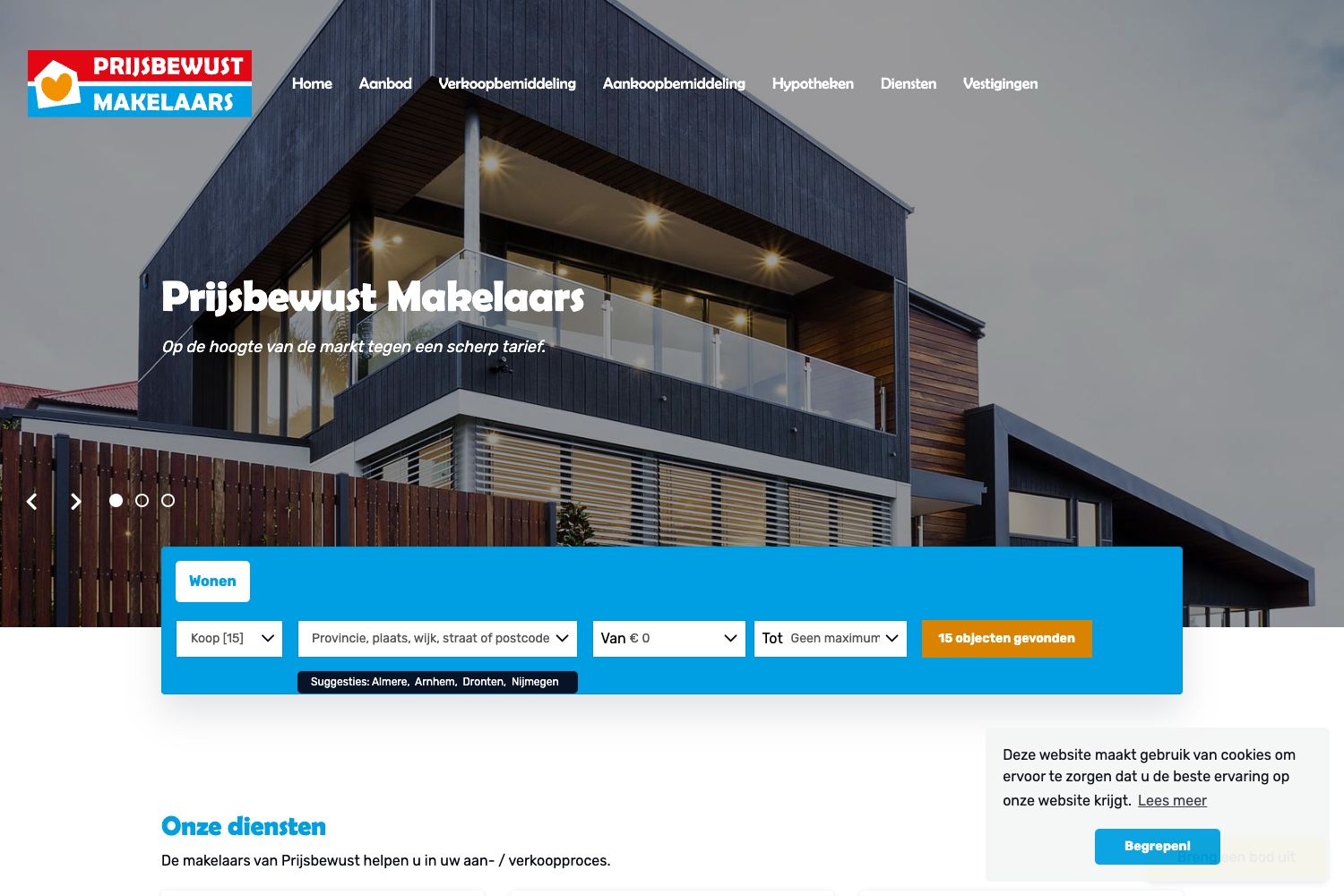 Website screenshot https://prijsbewustmakelaars.nl
